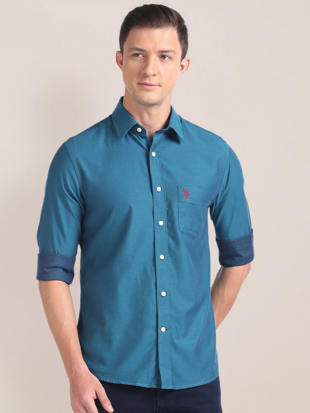 

U.S. Polo Assn. Shirt Collar Opaque Cotton Casual Shirt, Green