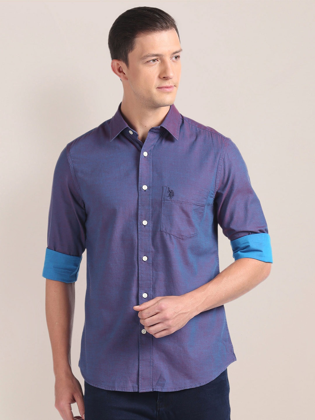 

U.S. Polo Assn. Shirt Collar Opaque Cotton Casual Shirt, Purple