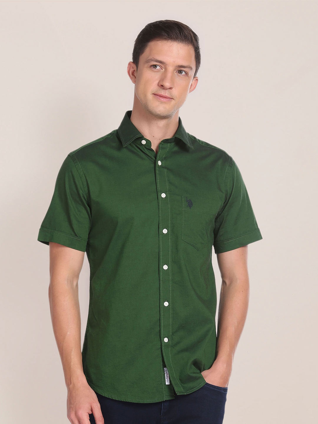 

U.S. Polo Assn. Shirt Collar Opaque Cotton Casual Shirt, Green