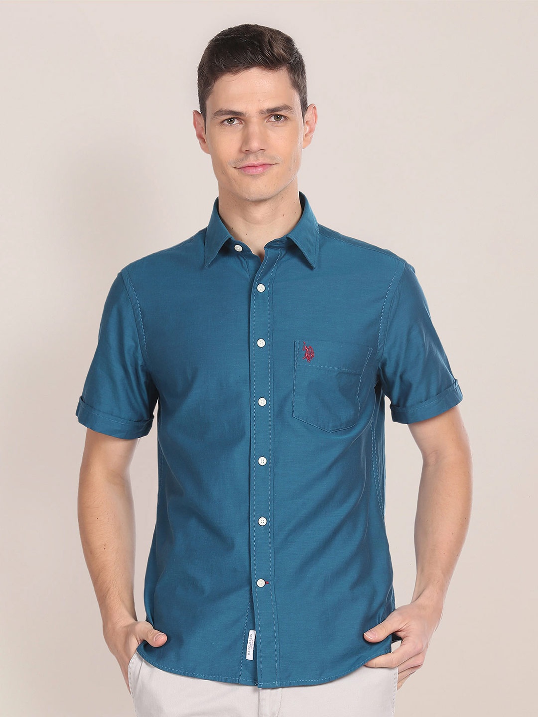 

U.S. Polo Assn. Shirt Collar Opaque Cotton Casual Shirt, Green