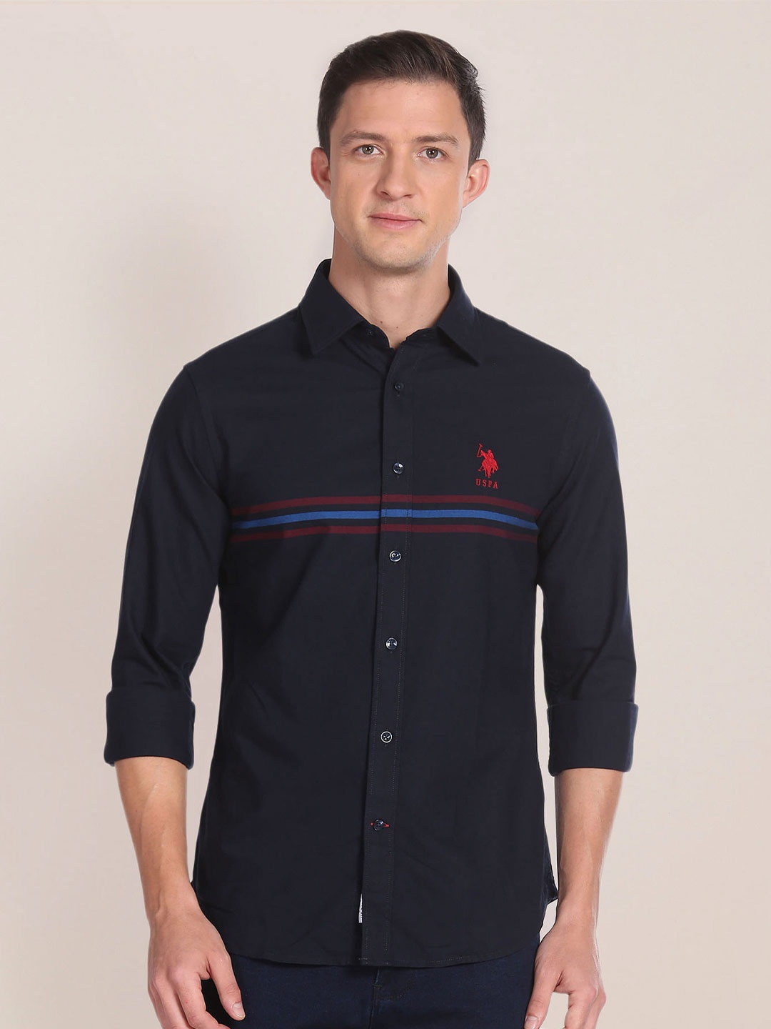 

U.S. Polo Assn. Colourblocked Shirt Collar Opaque Cotton Casual Shirt, Blue