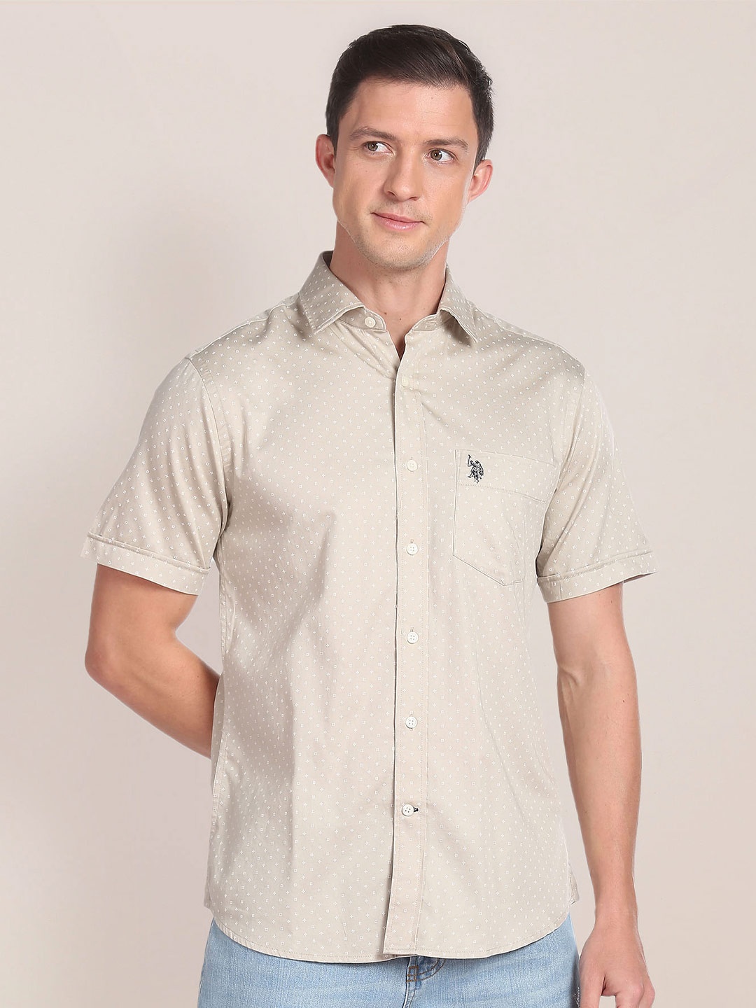 

U.S. Polo Assn. Micro Ditsy Printed Shirt Collar Opaque Cotton Casual Shirt, Beige