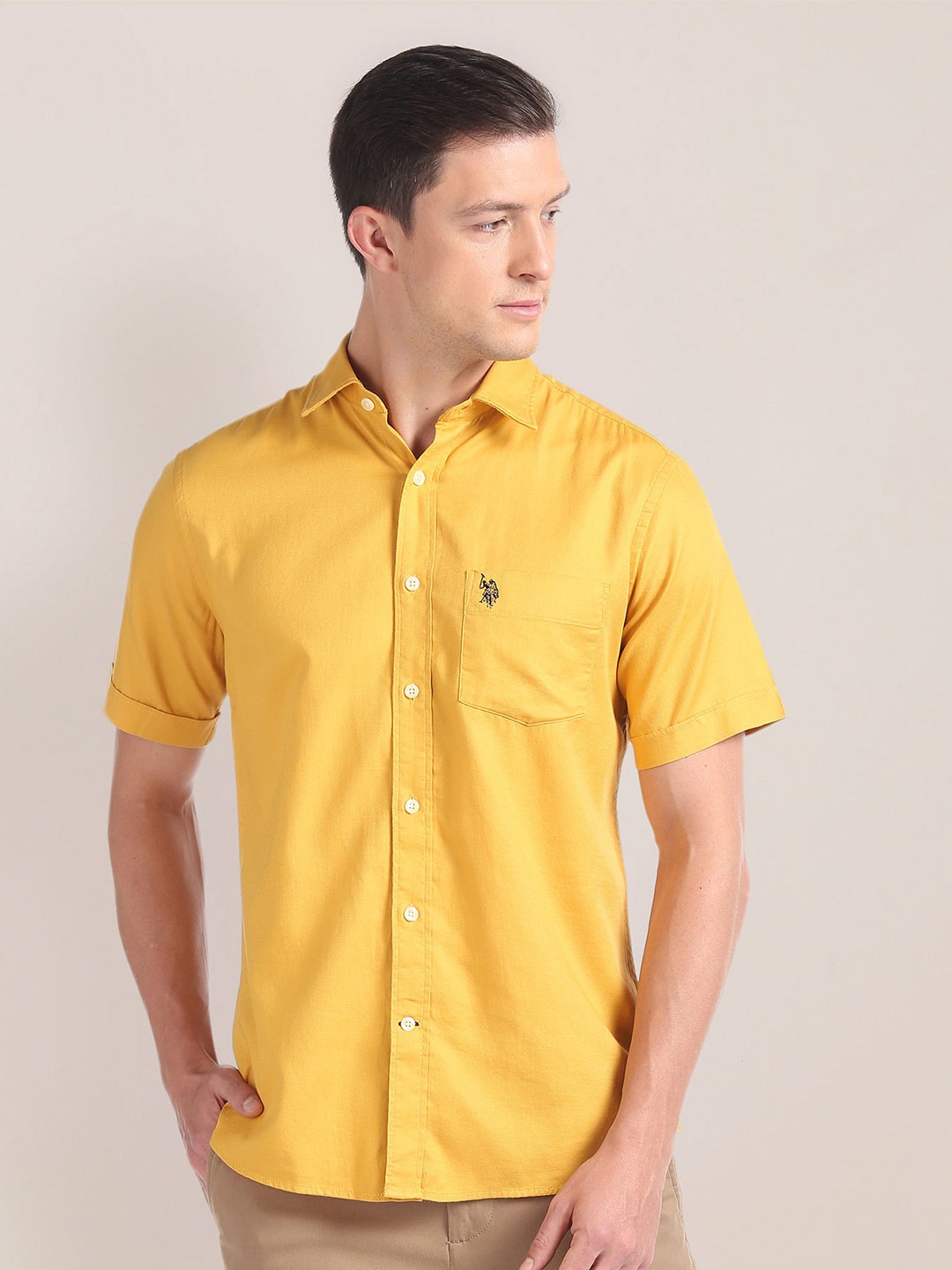 

U.S. Polo Assn. Shirt Collar Opaque Cotton Casual Shirt, Yellow