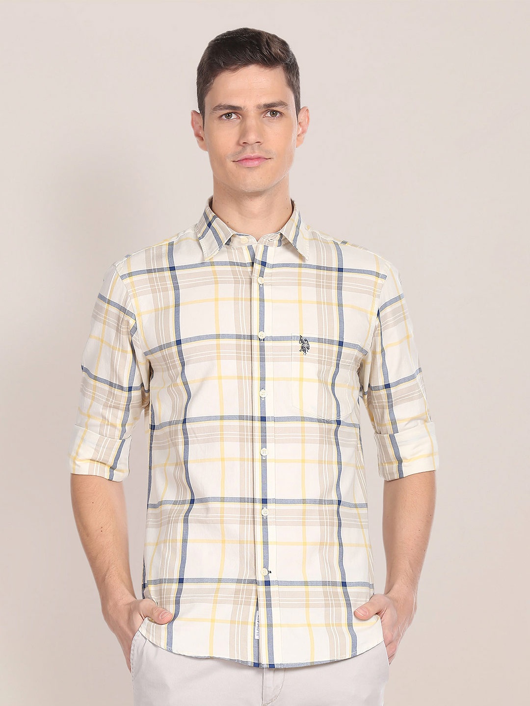 

U.S. Polo Assn. Windowpane Checked Opaque Cotton Casual Shirt, White