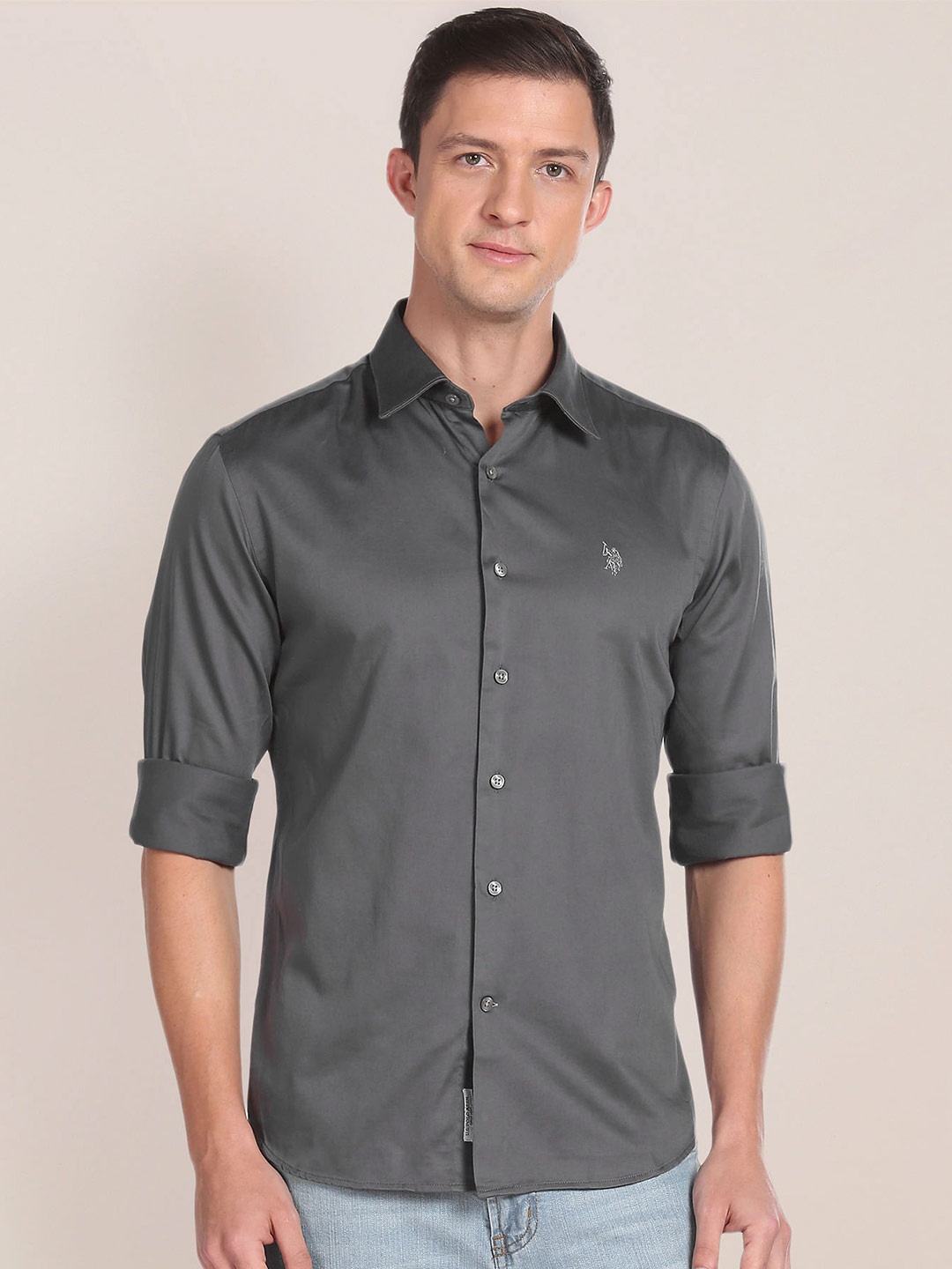 

U.S. Polo Assn. Shirt Collar Opaque Cotton Casual Shirt, Grey