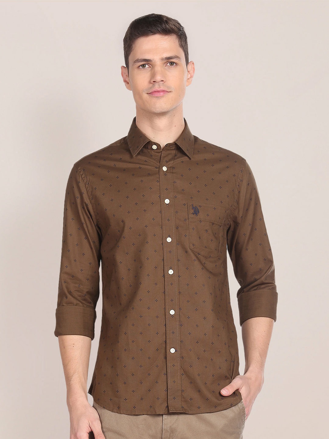 

U.S. Polo Assn. Micro Ditsy Printed Shirt Collar Opaque Cotton Casual Shirt, Brown