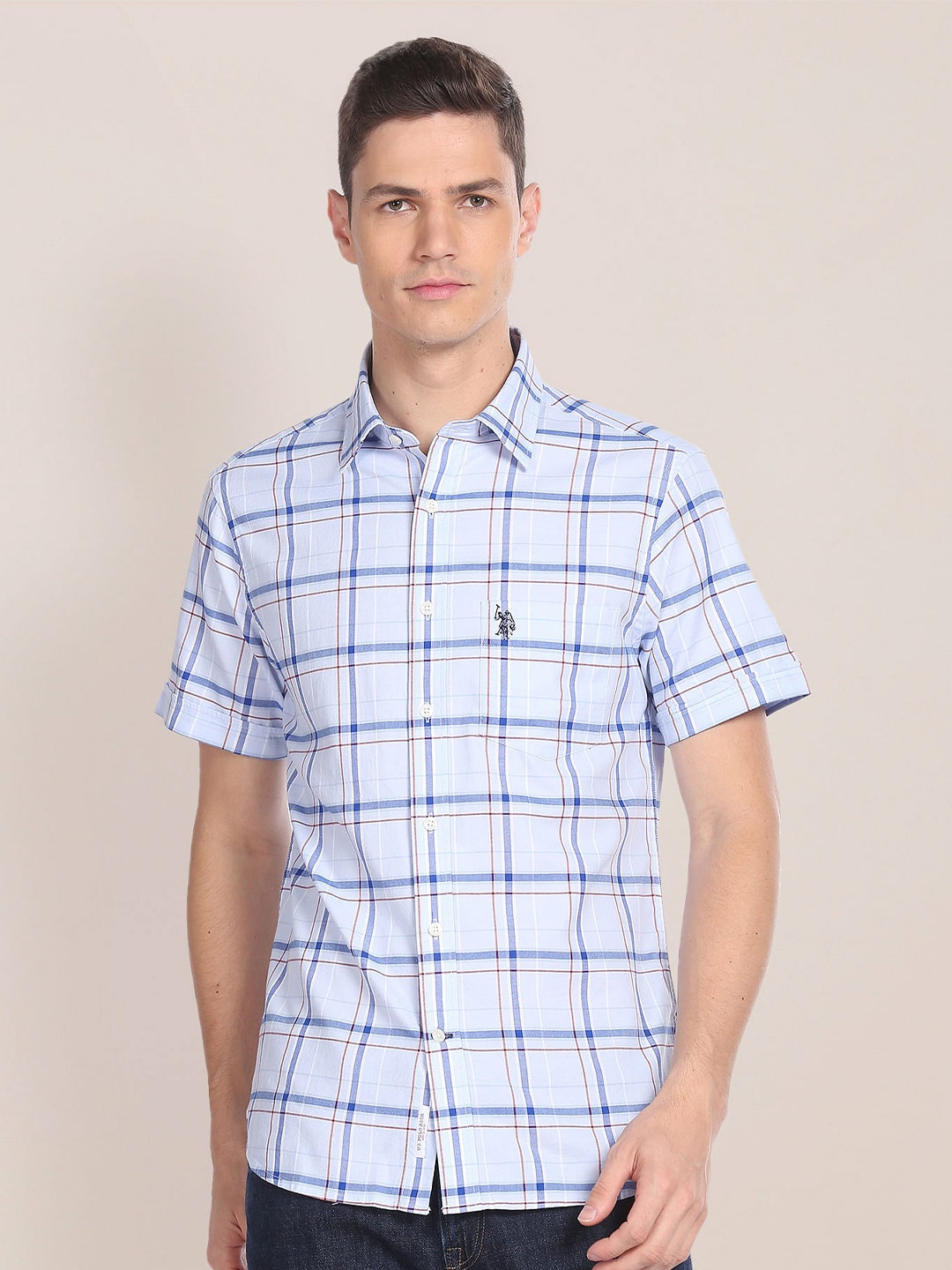 

U.S. Polo Assn. Windowpane Checked Opaque Cotton Casual Shirt, Blue