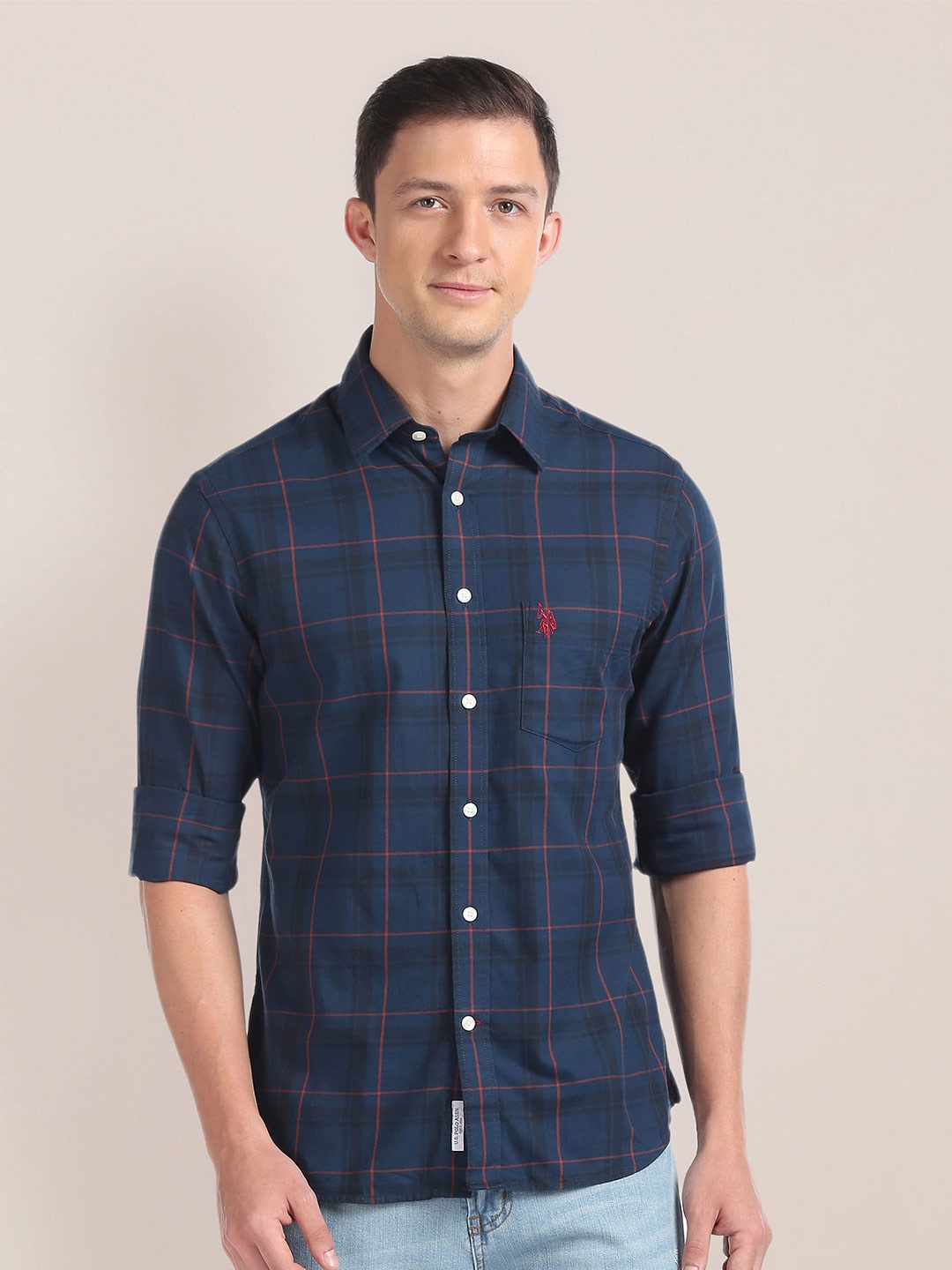 

U.S. Polo Assn. Tartan Checks Spread Collar Pure Cotton Casual Shirt, Blue