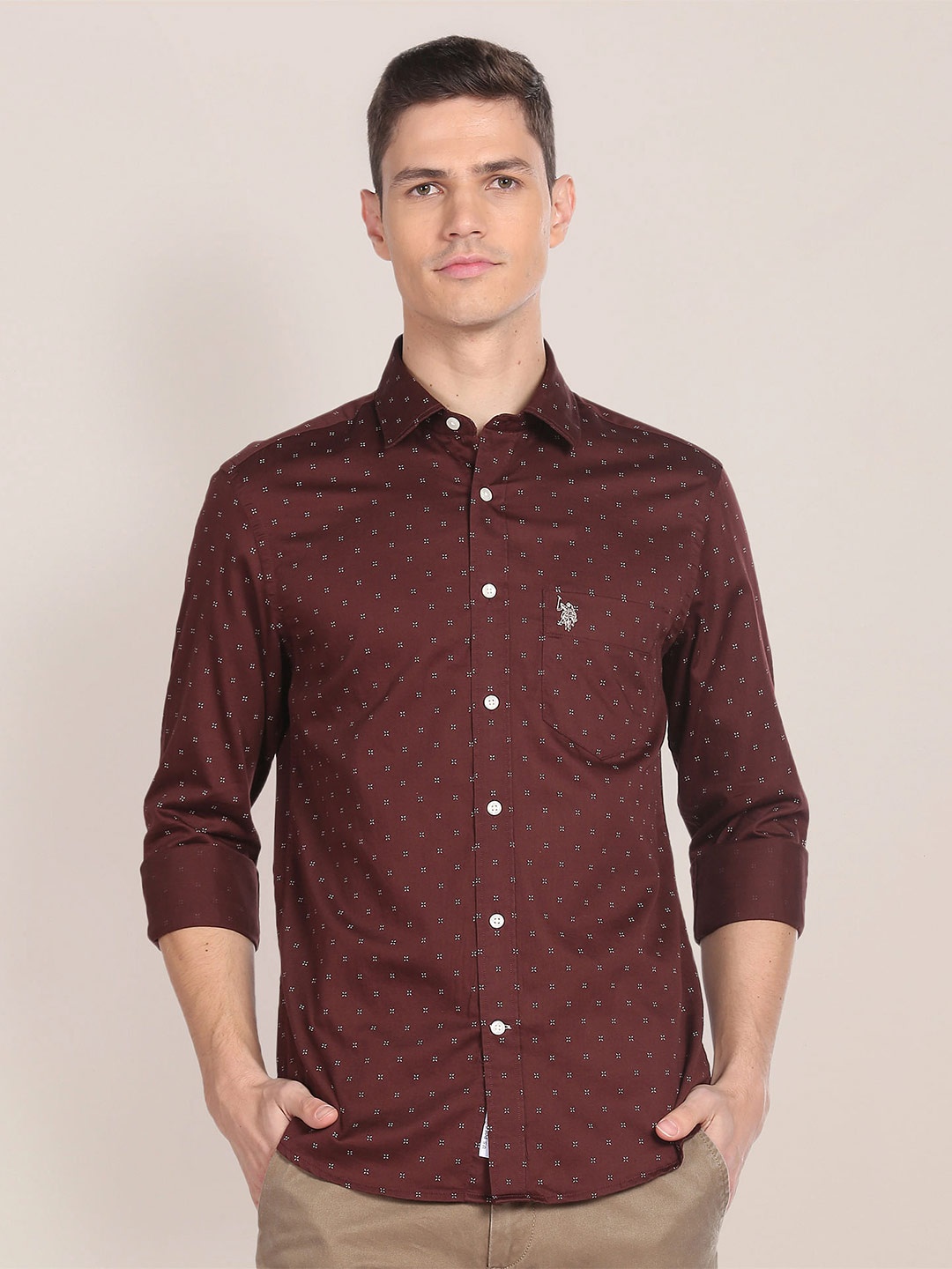 

U.S. Polo Assn. Polka Dot Printed Pure Cotton Casual Shirt, Brown