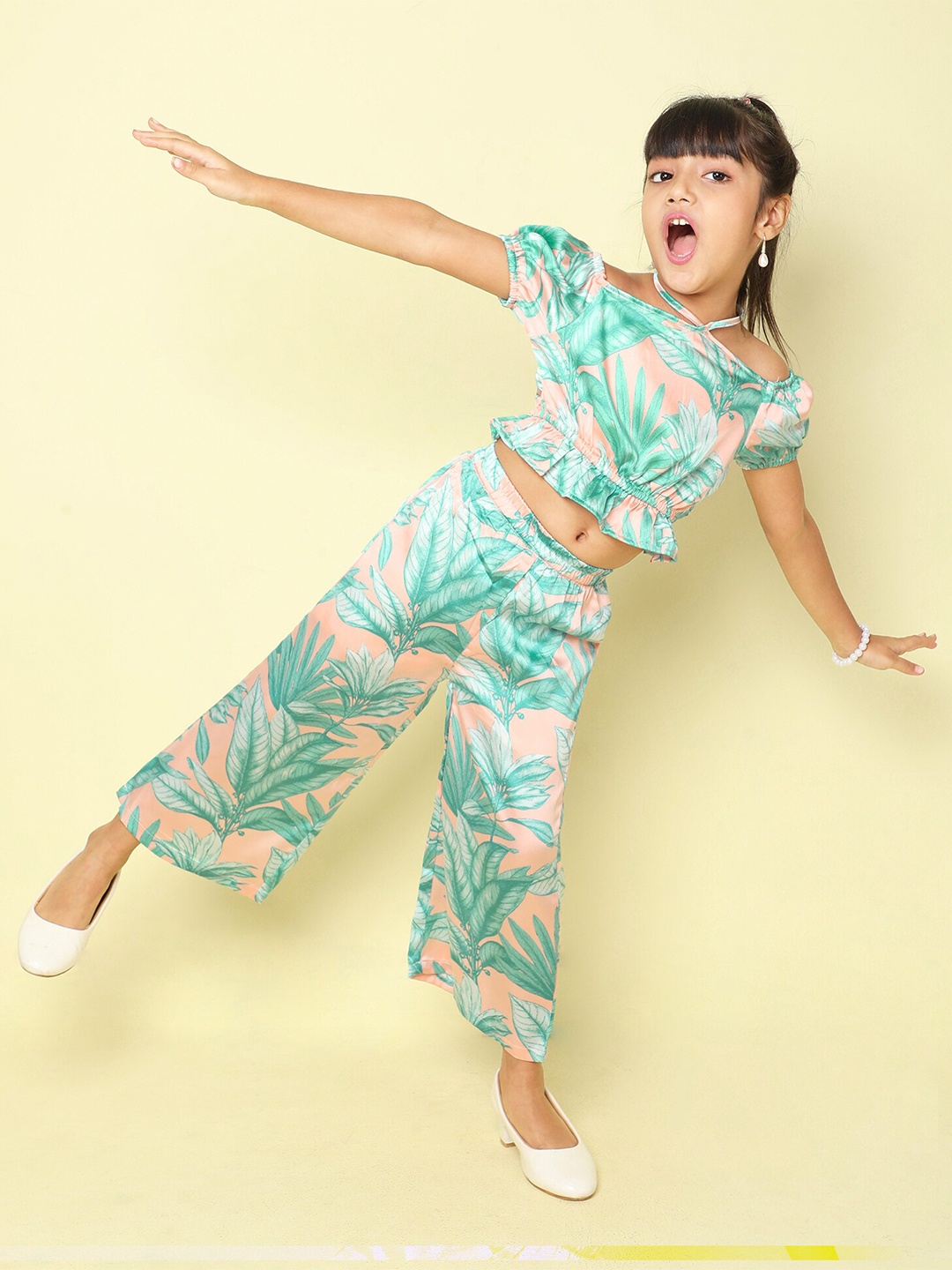 

taffykids Girls Printed Top with Palazzos, Peach