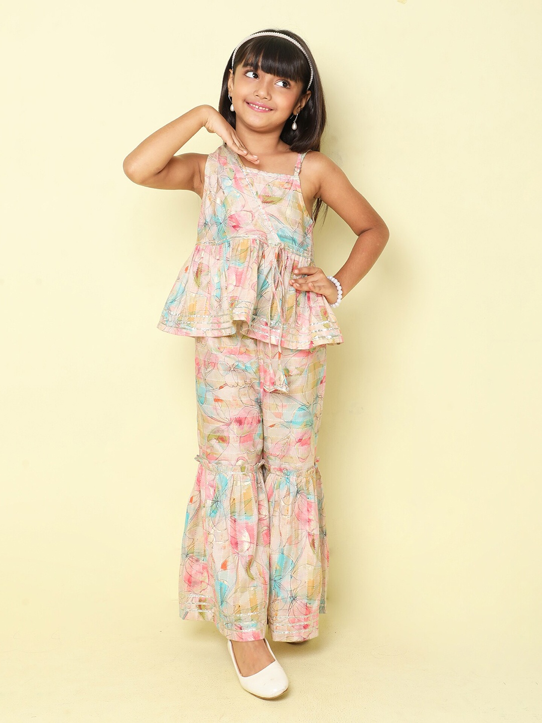 

taffykids Girls Printed Pure Cotton Top with Palazzos, Pink