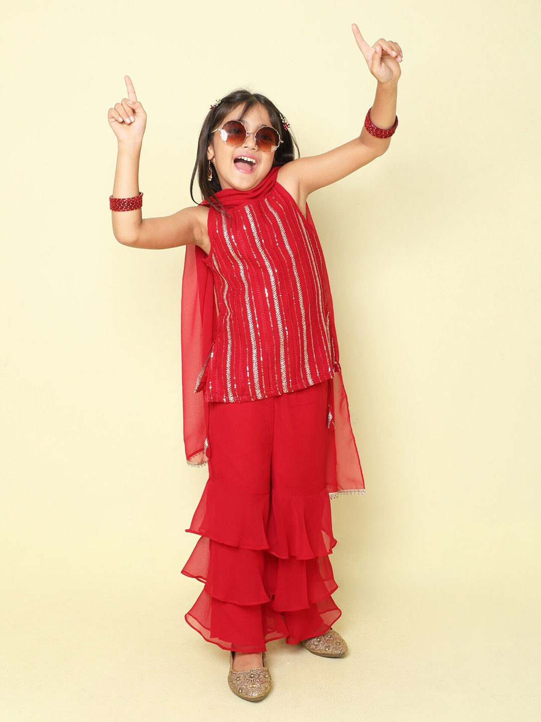 

taffykids Girls Embroidered Regular Sequinned Kurti with Sharara & Dupatta, Red