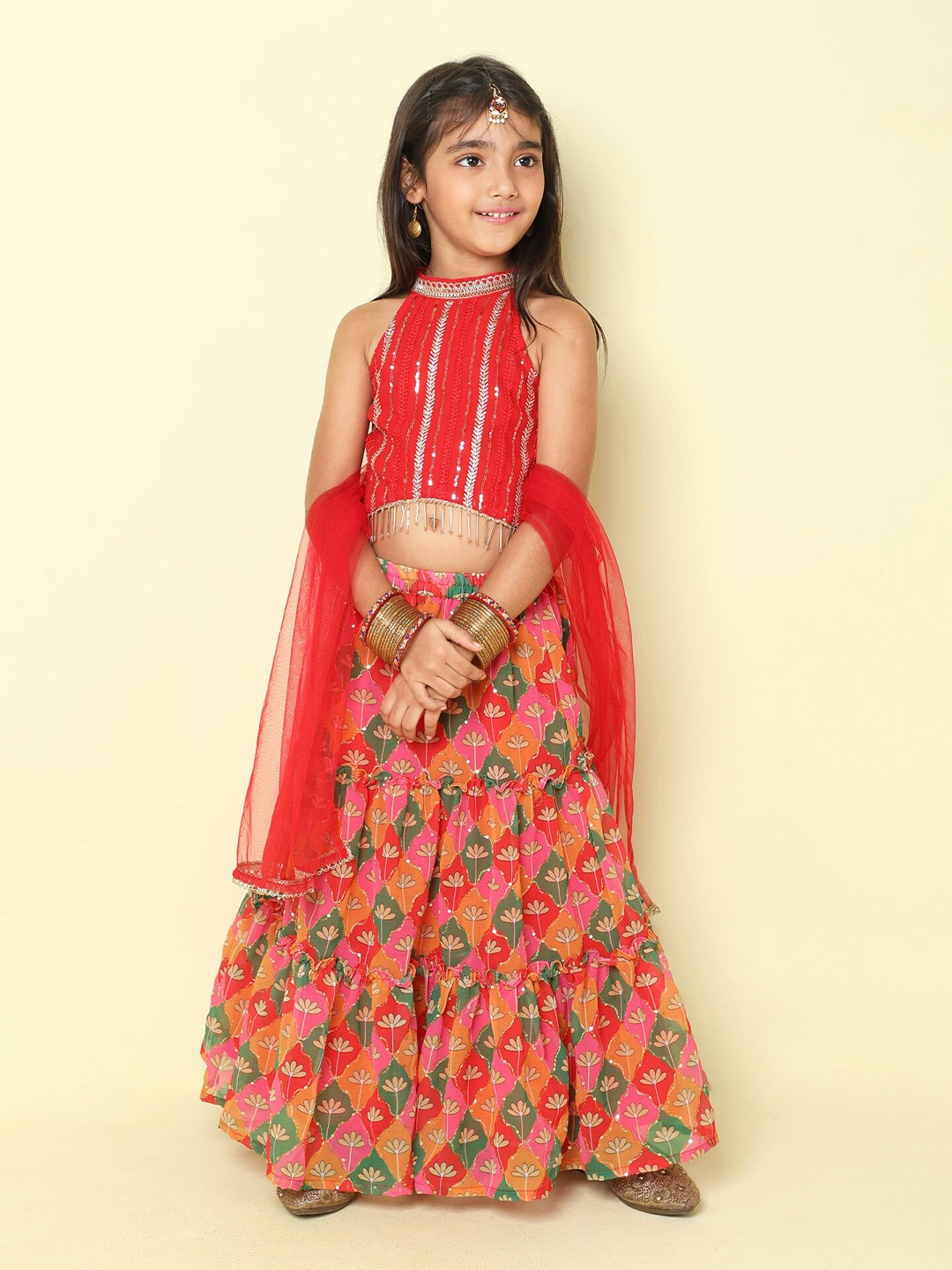 

taffykids Girls Floral Embellished Sequined Ready To Wear Lehenga & Blouse With Dupatta, Red