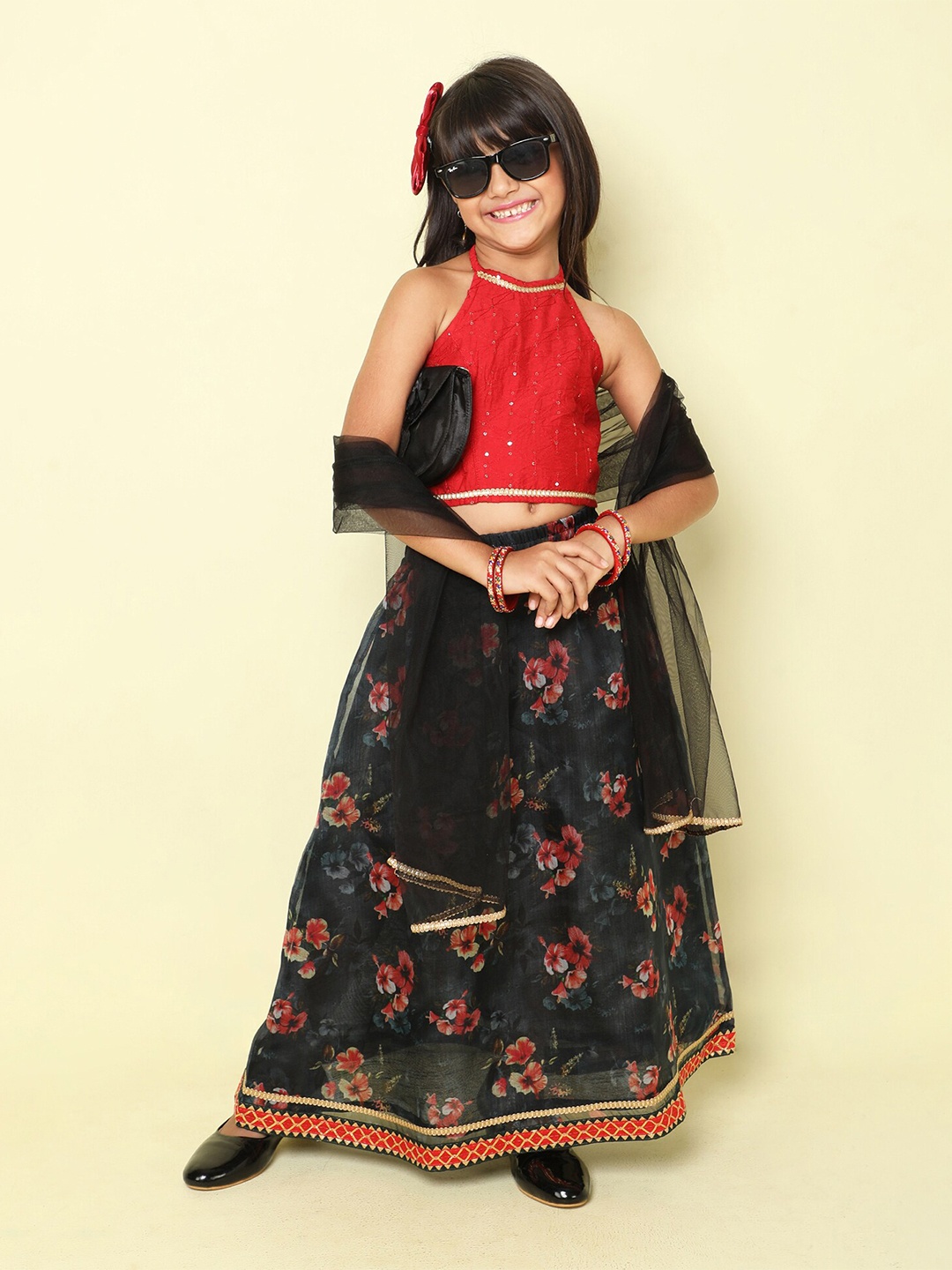

taffykids Girls Floral Printed Sequins Cotton Ready To Wear Lehenga Choli With Dupatta, Red