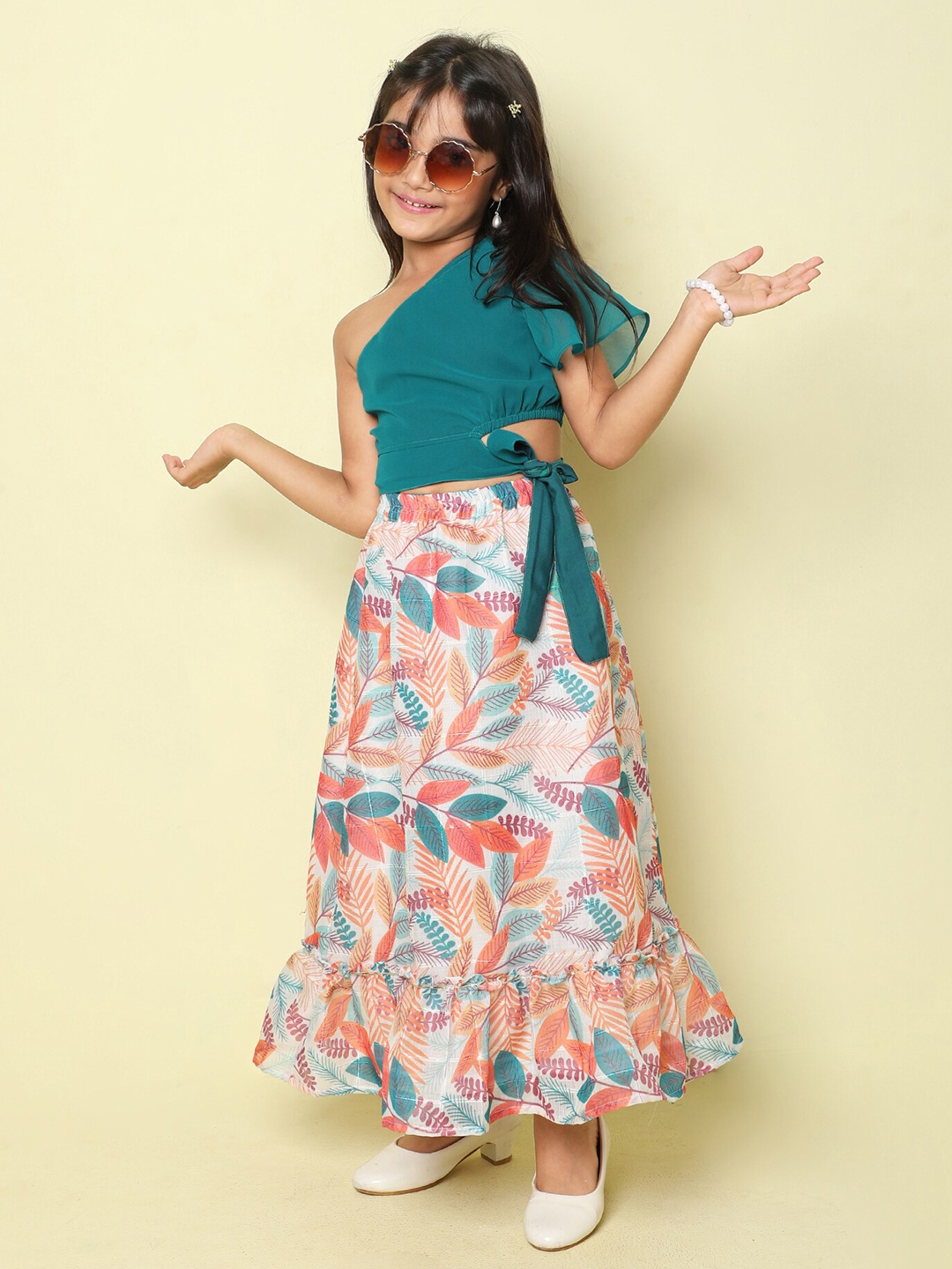 

taffykids Girls One Shoulder Top With Printed Skirt, Teal