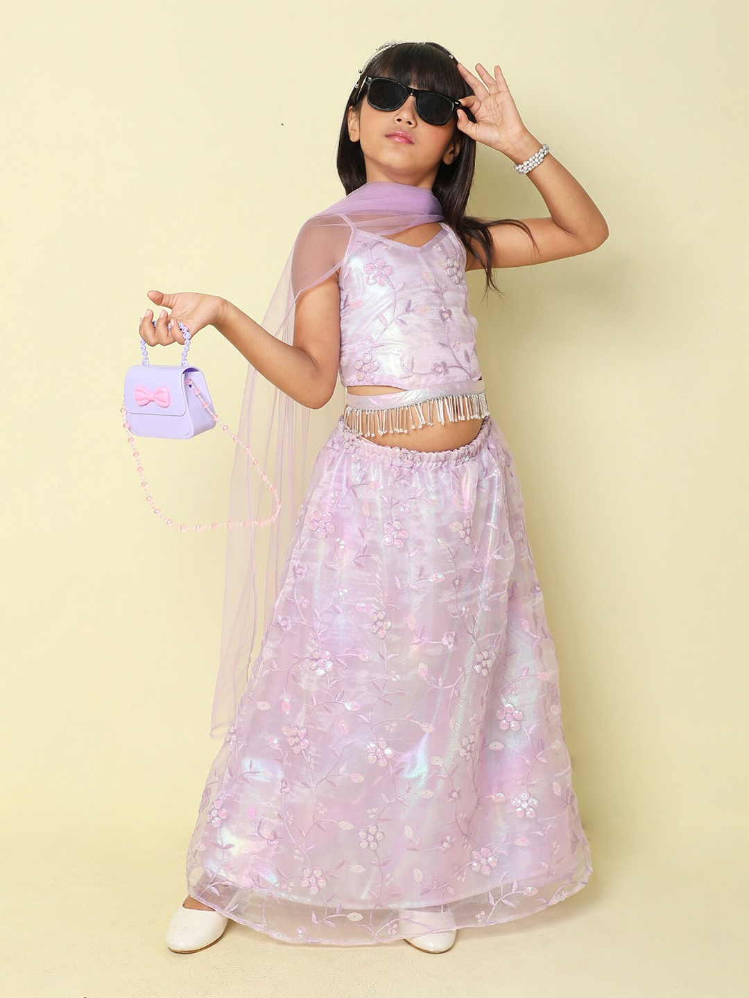 

taffykids Girls Floral Embroidered Sequins Ready To Wear Lehenga Choli With Dupatta, Lavender