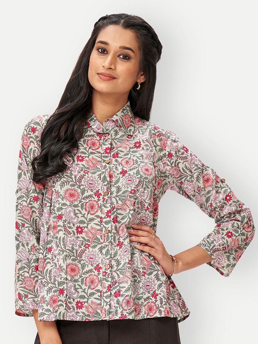 

DRESOUL Floral Print Mandarin Collar Pure Cotton Kurti, Green