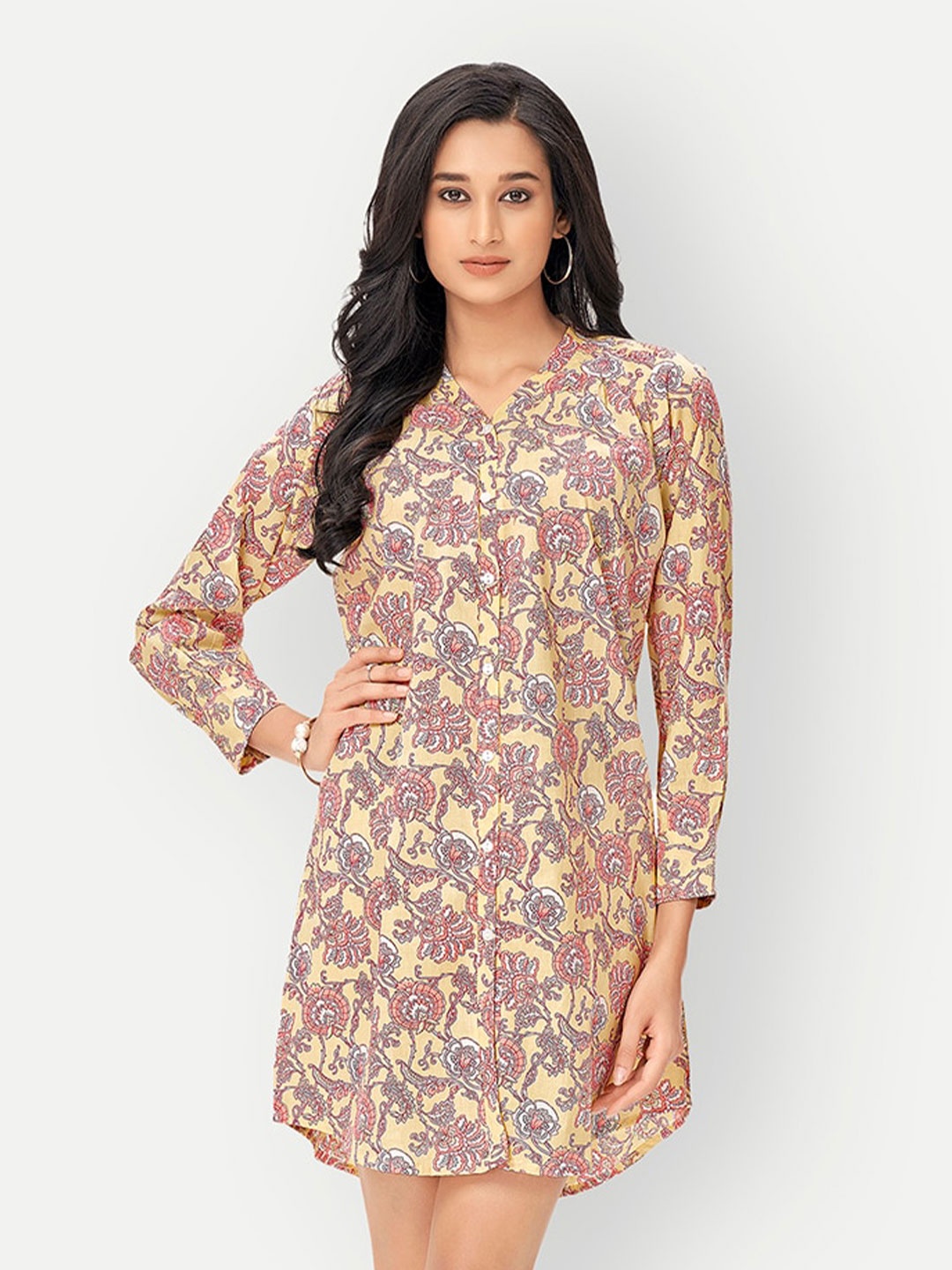 

DRESOUL Floral Printed V-Neck Pure Cotton Shirt Mini Dress, Yellow