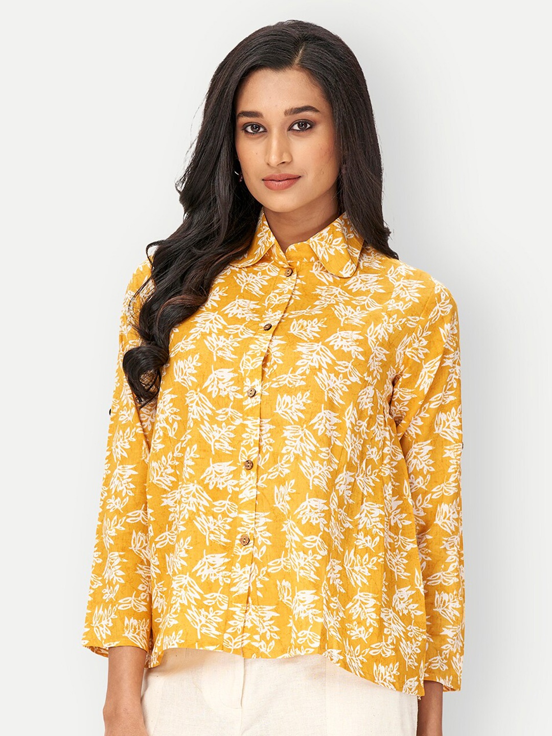 

DRESOUL Floral Printed Pure Cotton Shirt Style Top, Yellow