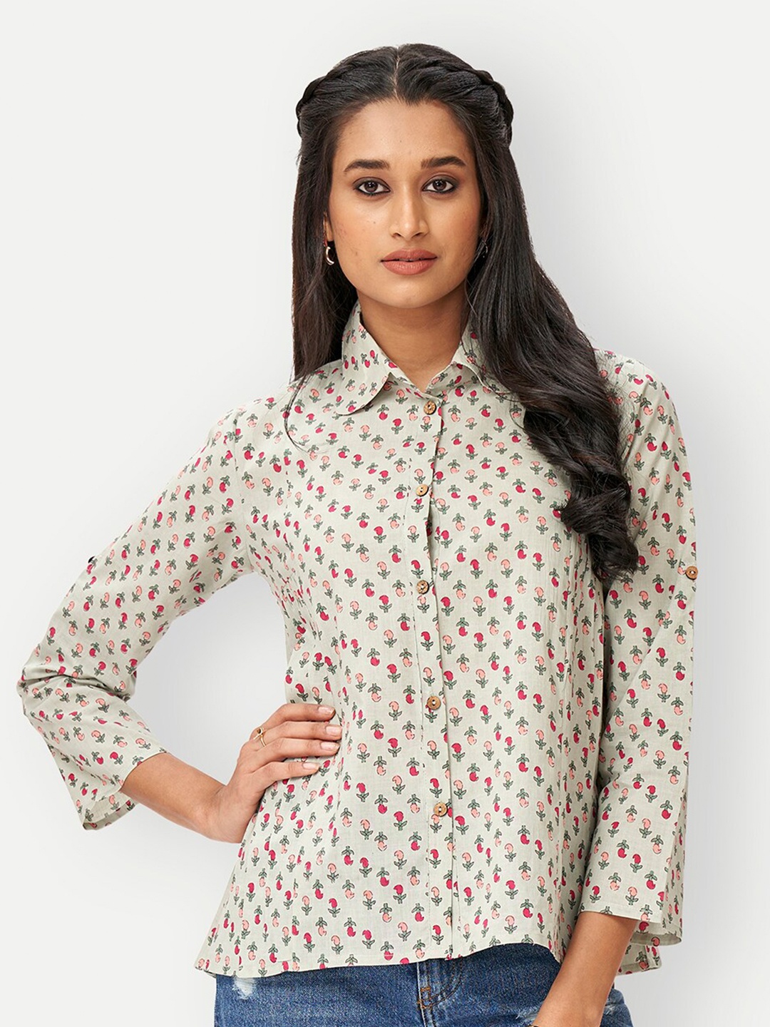 

DRESOUL Paisley Printed Shirt Collar Pure Cotton Shirt Style Top, Green