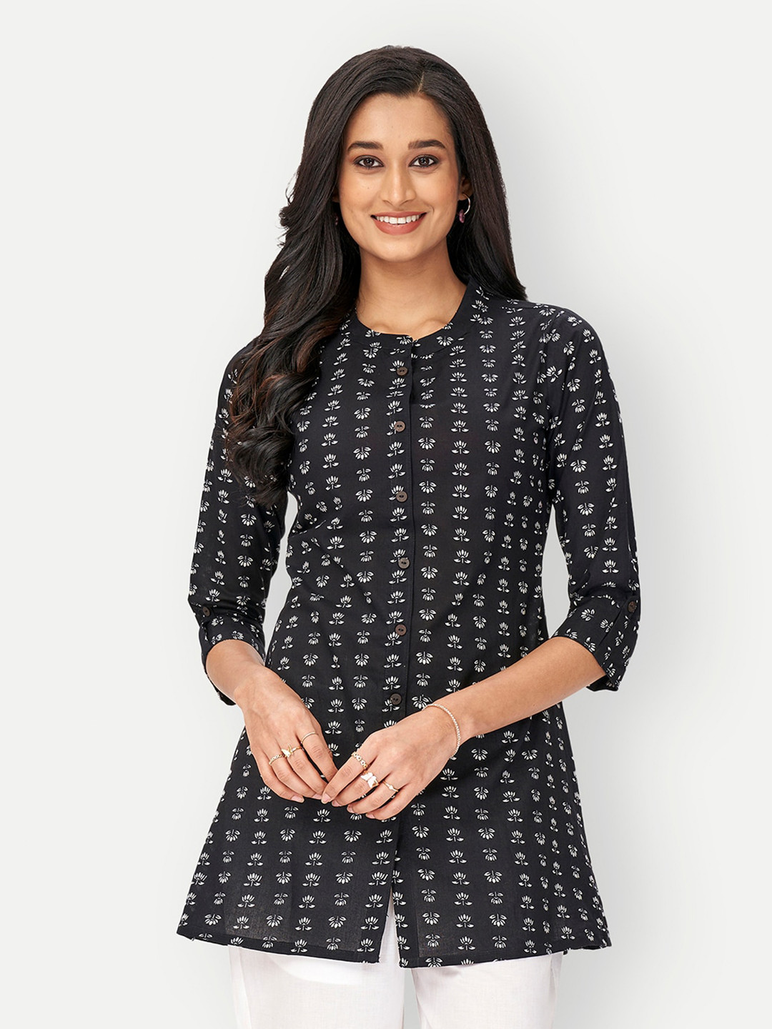 

DRESOUL Floral Printed Mandarin Collar Pure Cotton Shirt Style Top, Black