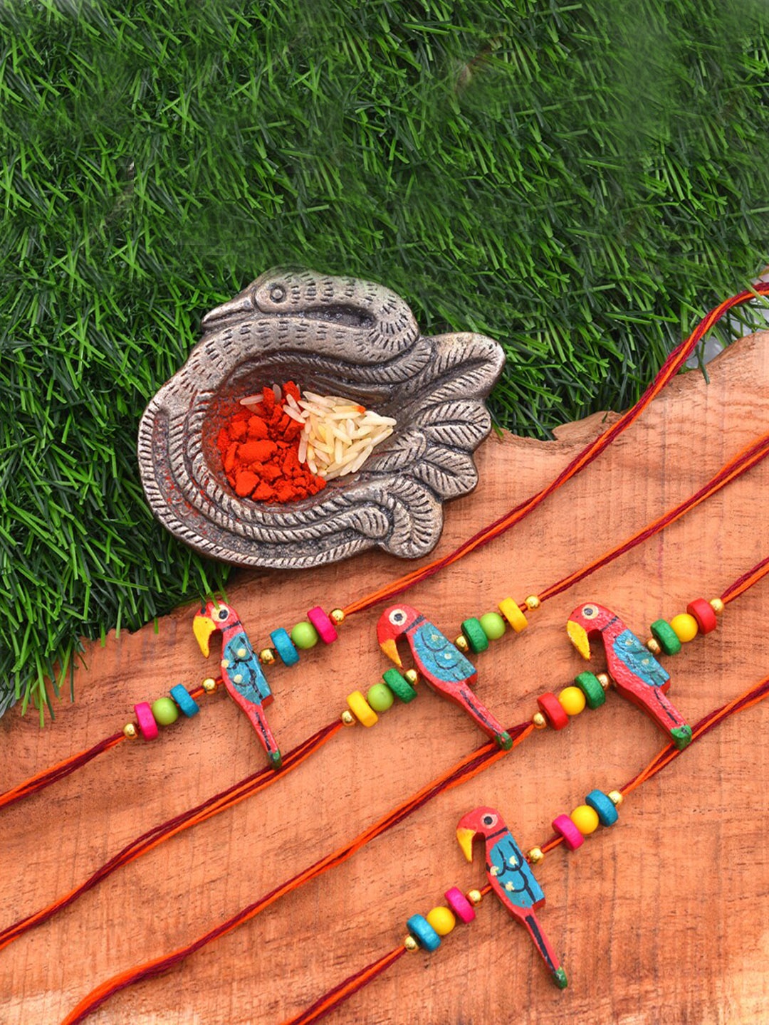

Silvermerc Designs Set Of 4 Parrot Charm Beaded Rakhis, Red