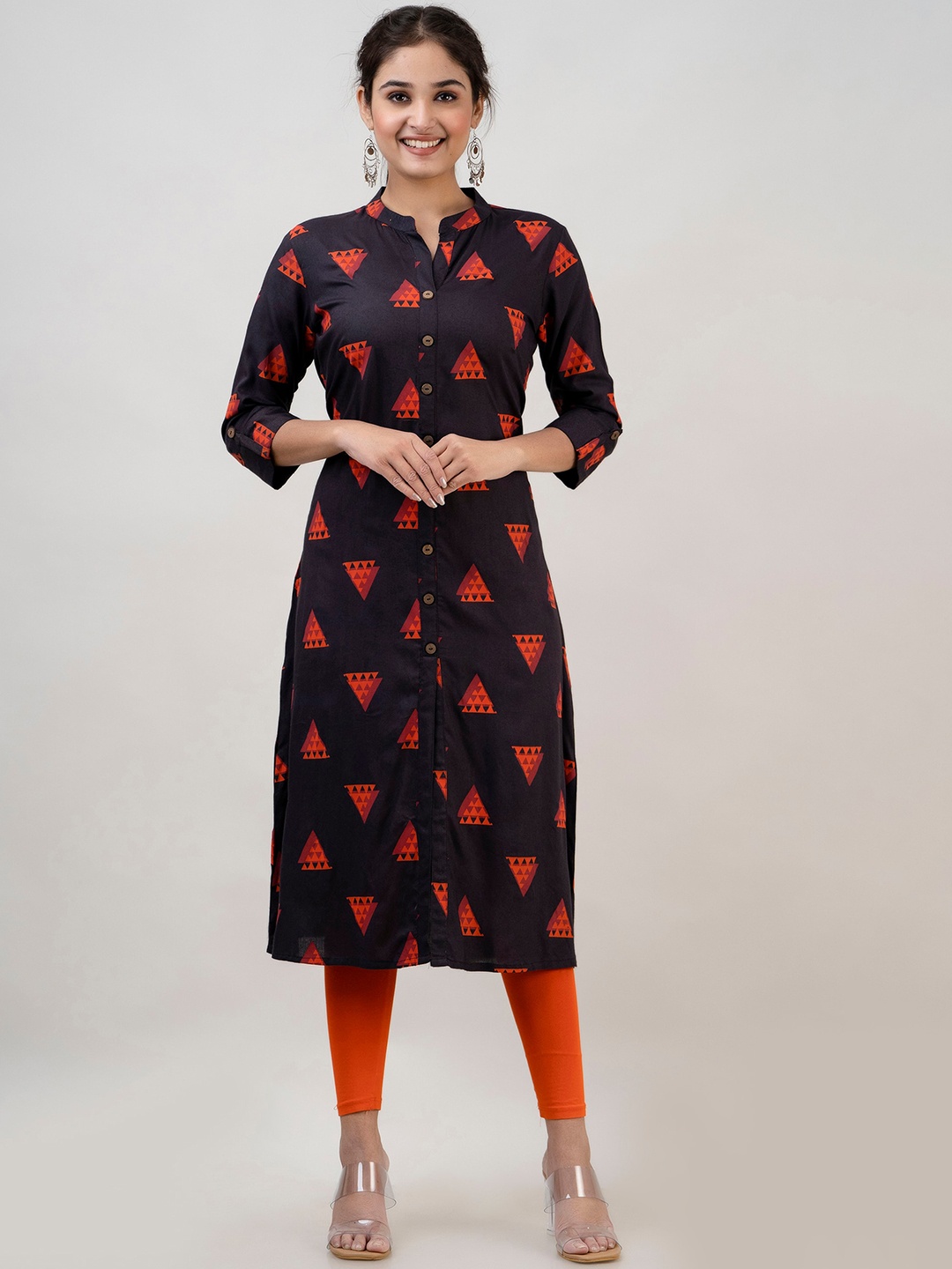 

MAUKA Geometric Print Mandarin Collar Roll-Up Sleeves Regular Kurta, Black