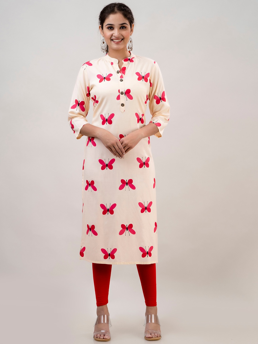 

MAUKA Conversational Print Mandrain Collar Regular Kurta, Pink