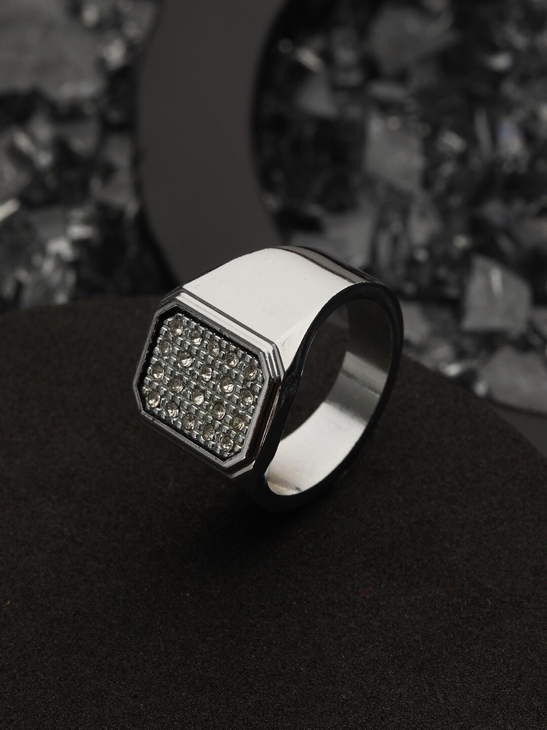 

Bold by Priyaasi Men Silver-Plated American Diamond-Studded Finger Ring