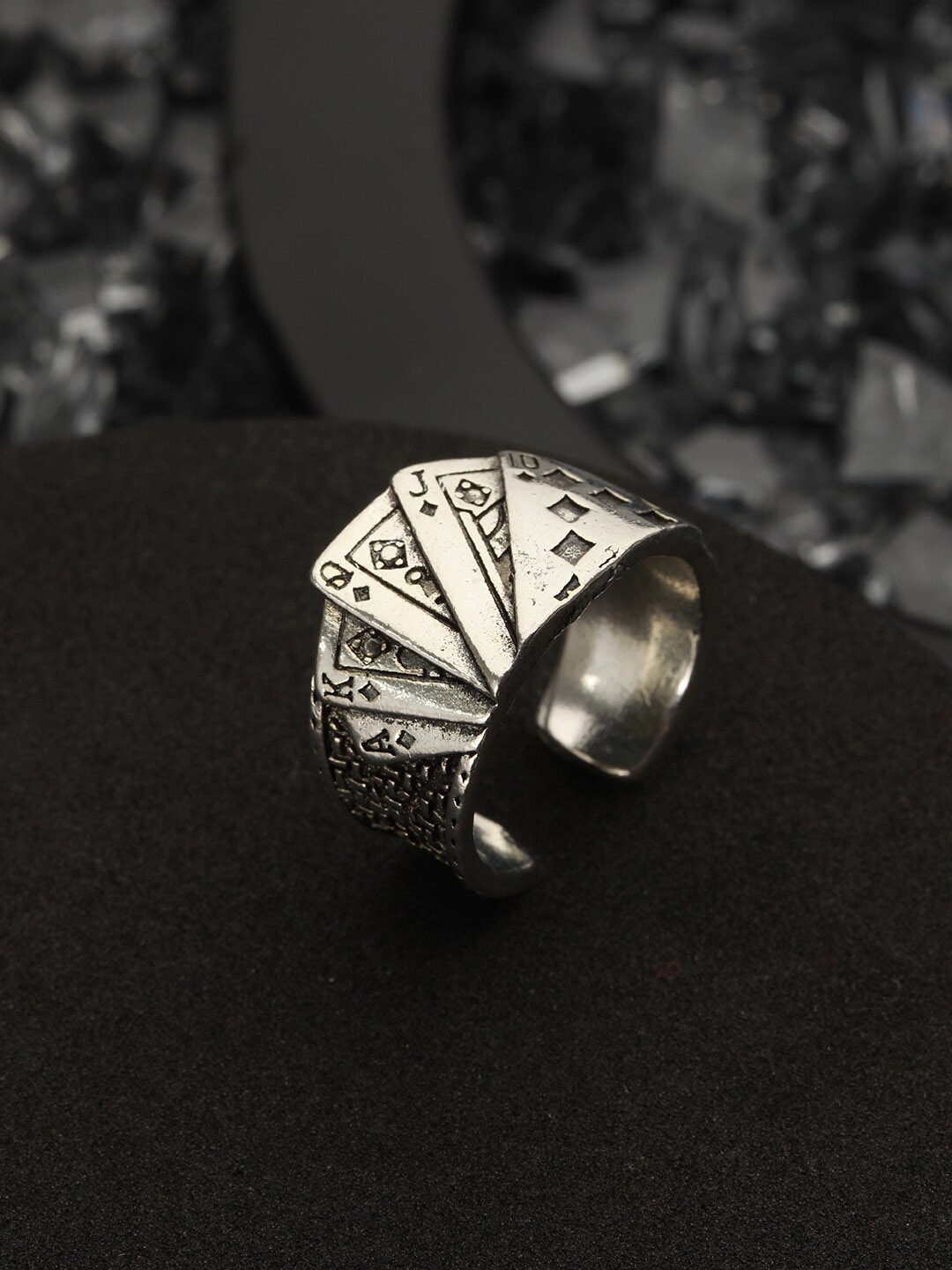 

Bold by Priyaasi Men Silver-Plated Card Design Oxidised Adjustable FingerRing