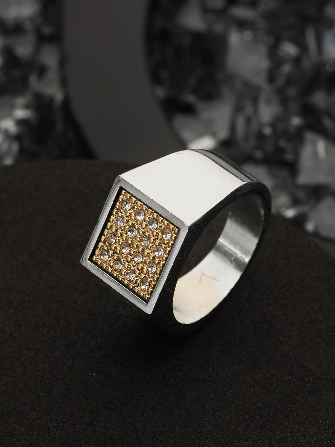 

Bold by Priyaasi Men Silver-Plated American Diamond-Stone-Studded Finger Ring