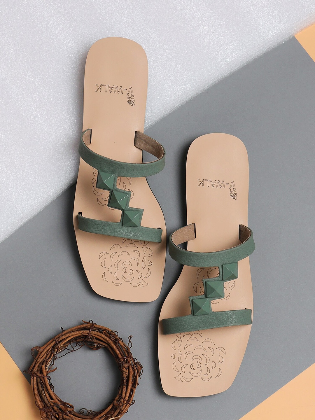 

V-WALK Studded Open Toe Flats, Green