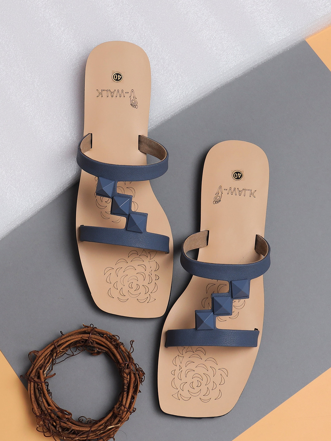 

V-WALK Studded Open Toe Flats, Navy blue