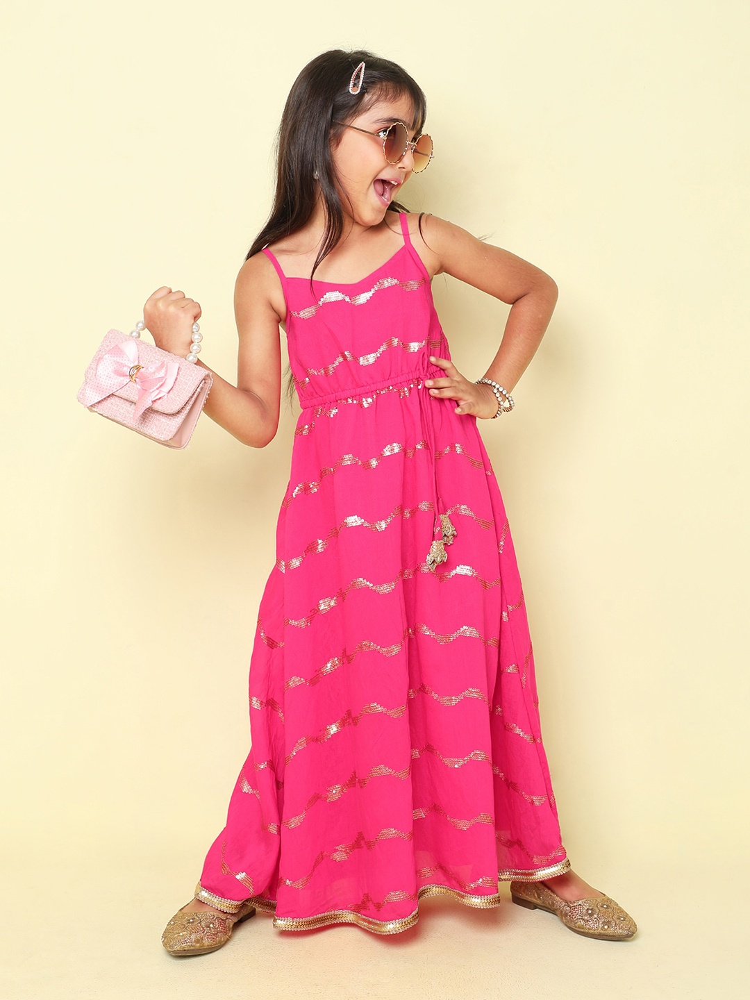 

taffykids Girls Embellished Sequinned Pure Cotton A-Line Dress, Pink