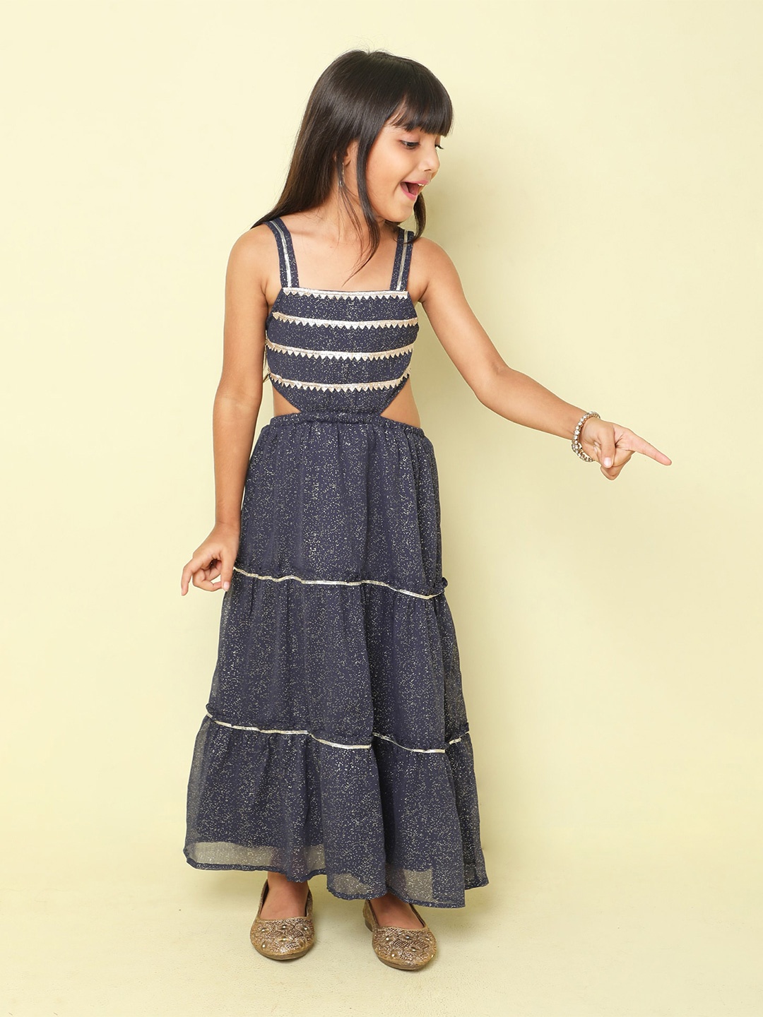 

taffykids Embellished Shoulder Straps Cut-Outs Tiered Fit & Flare Maxi Dress, Navy blue