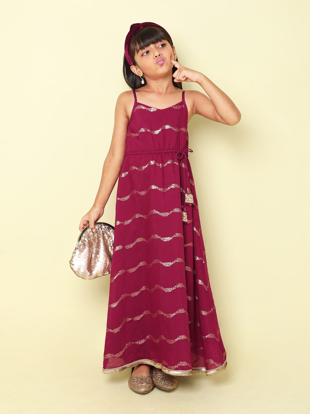 

taffykids Embellished Shoulder Straps Sequined Pure Cotton Maxi Dress, Magenta
