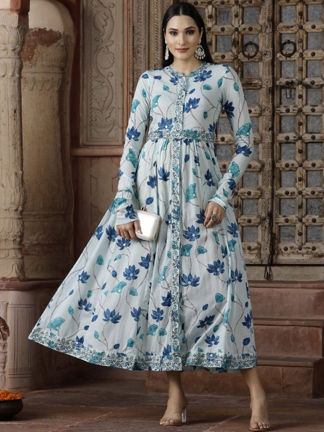

Ramas Floral Printed Pleated Maxi Cotton Ethnic Dress, Blue