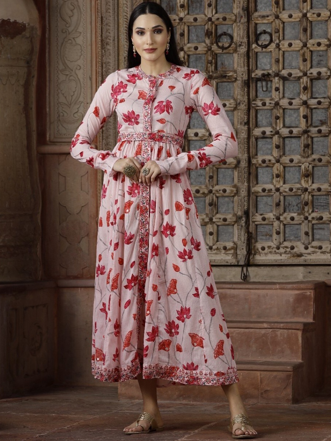 

Ramas Floral Printed Pleated Maxi Cotton Ethnic Dress, Pink