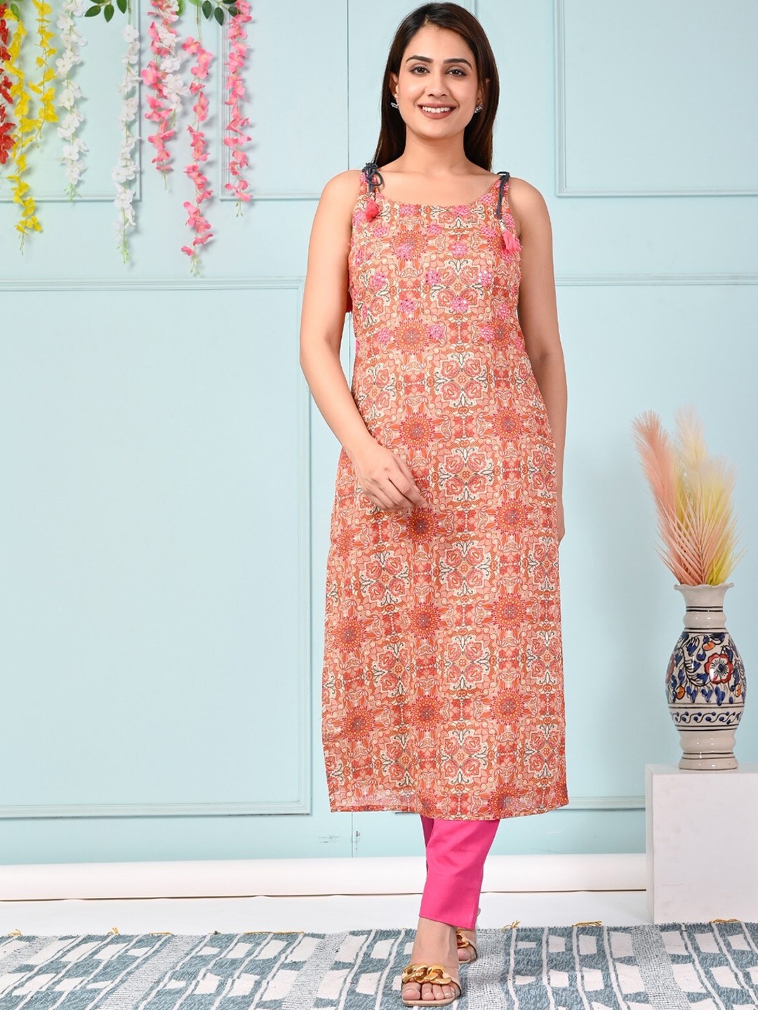 

Ramas Floral Printed Embroidered Mirror Work Straight Cotton Kurta, Peach