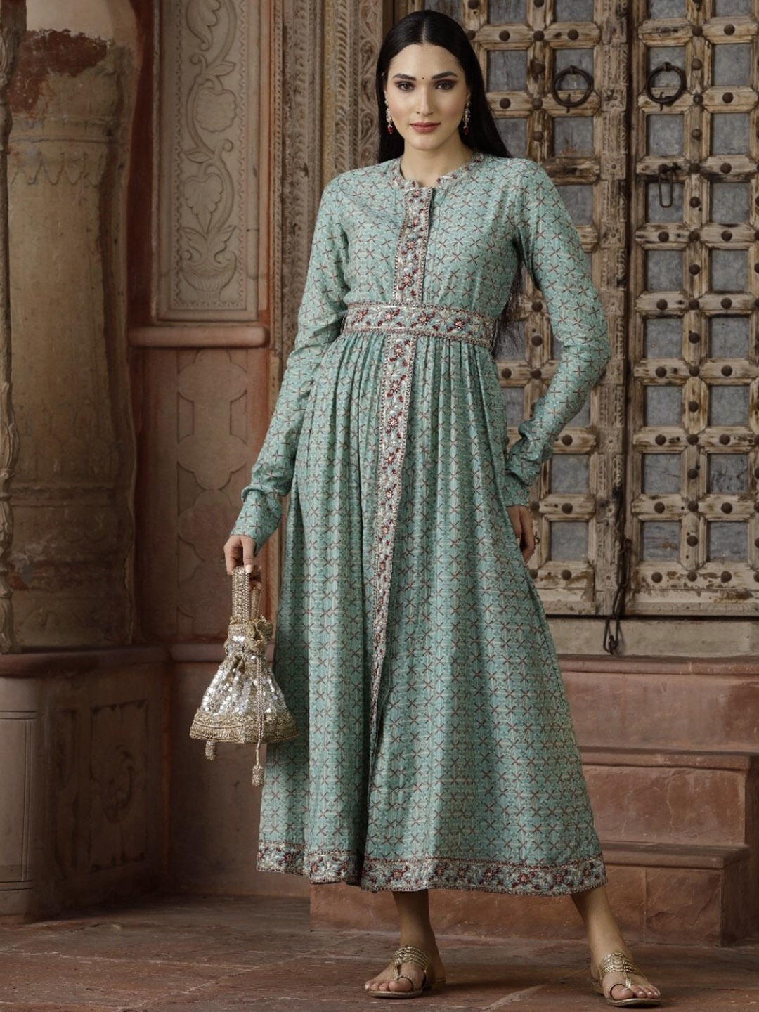 

Ramas Ethnic Motifs Printed Pleated Maxi Cotton Ethnic Dress, Green