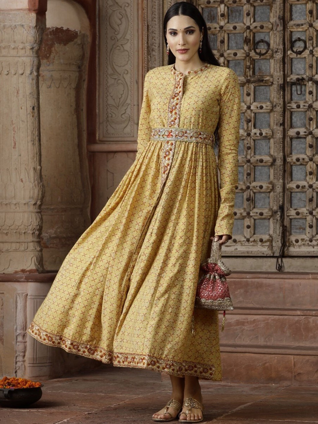 

Ramas Ethnic Motifs Printed Pleated Maxi Cotton Ethnic Dress, Mustard