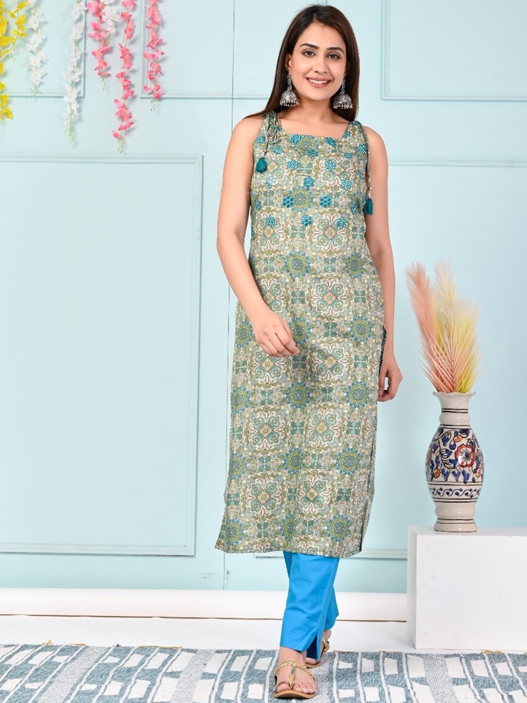 

Ramas Floral Printed Embroidered Mirror Work Straight Cotton Kurta, Green