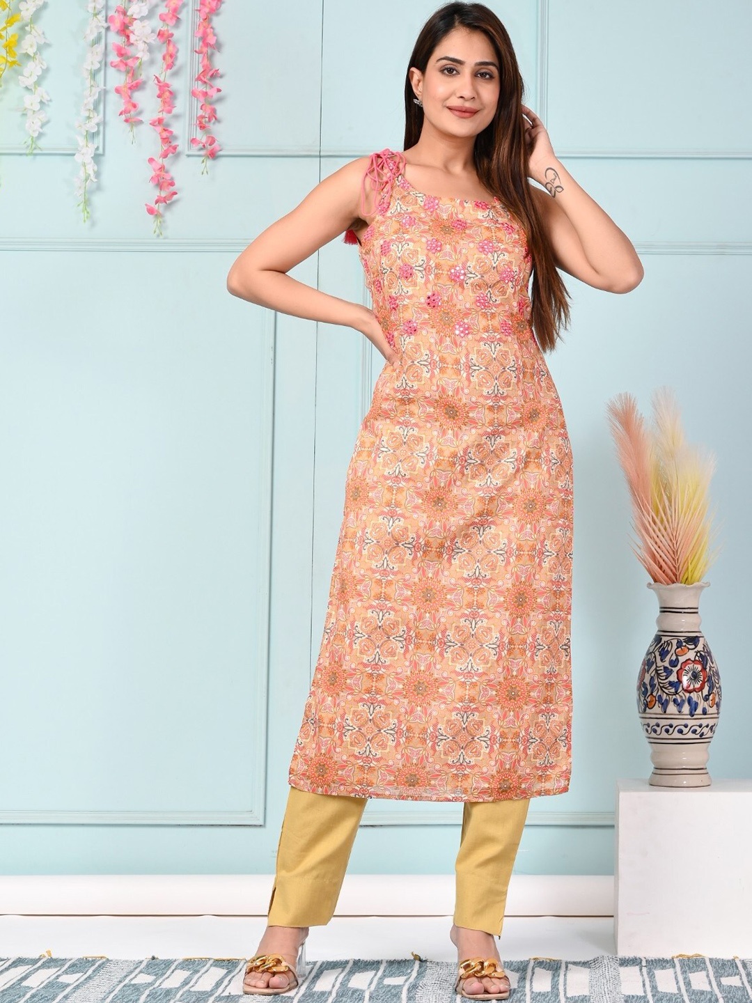 

Ramas Ethnic Motifs Printed Sleeveless Pure Cotton Kurta, Orange