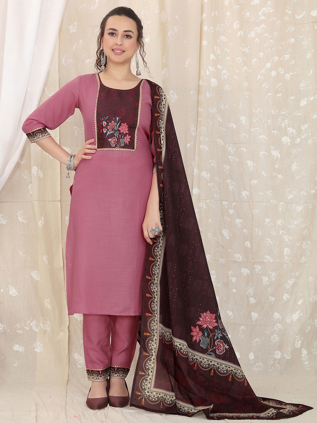 

KALINI Round Neck Floral Yoke Design Regular Kurta & Trousers With Dupatta, Pink