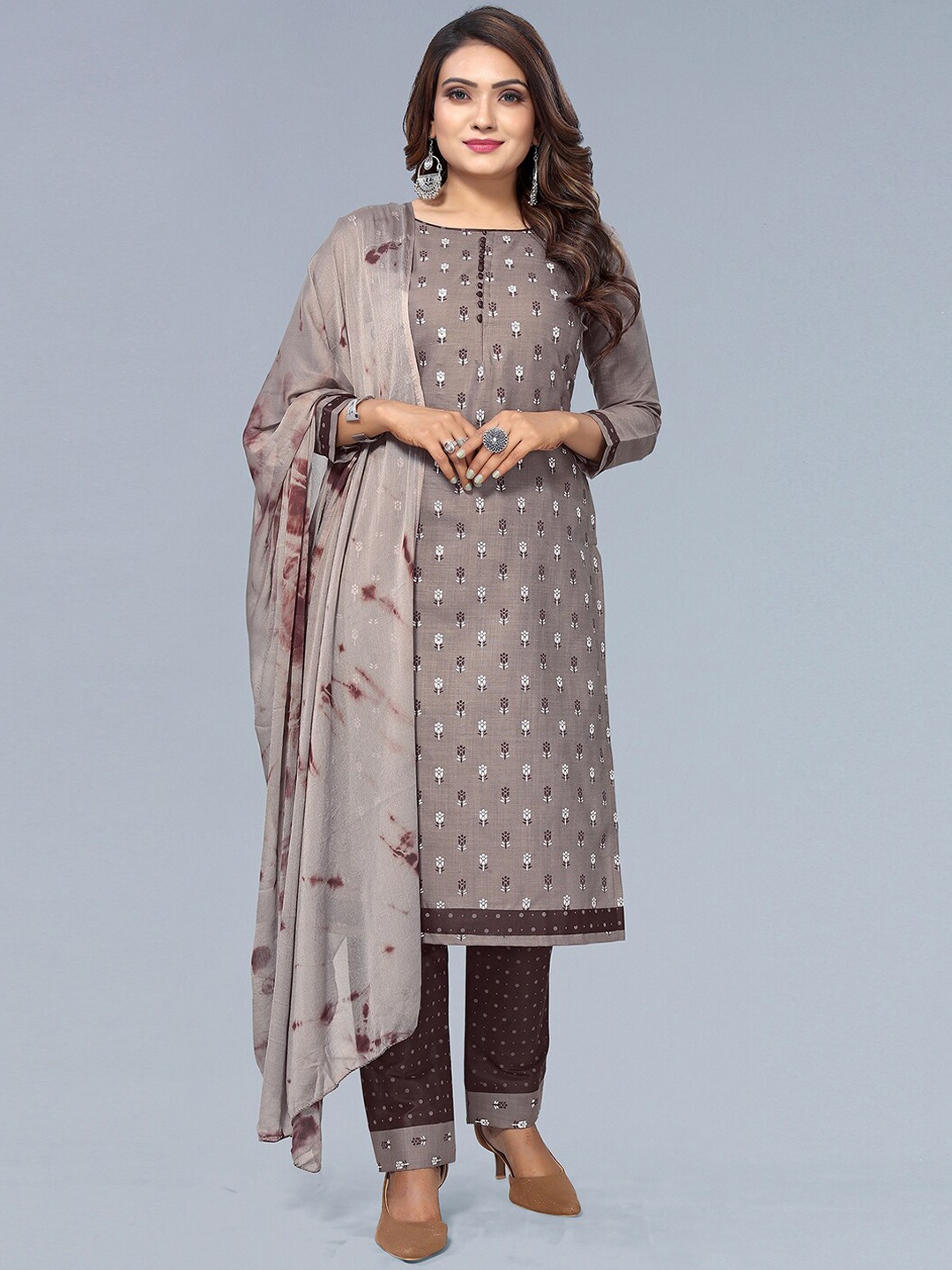 

KALINI Round Neck Floral Printed Regular Kurta & Trousers With Dupatta, Grey