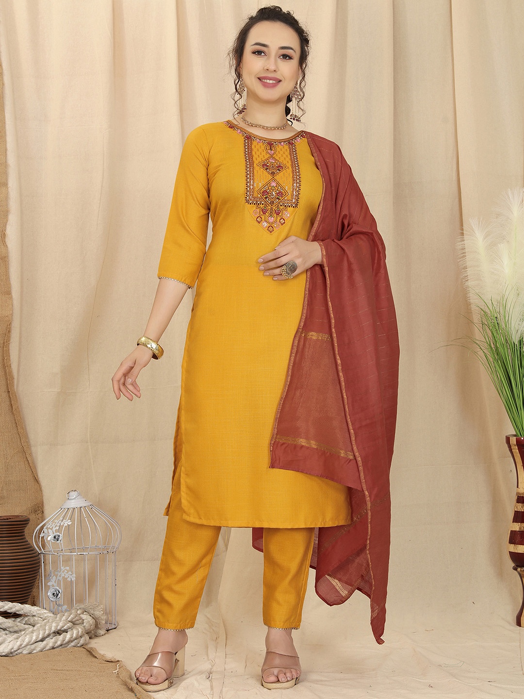 

KALINI Round Neck Yoke Thread Detail Regular Kurta & Trousers With Dupatta, Mustard