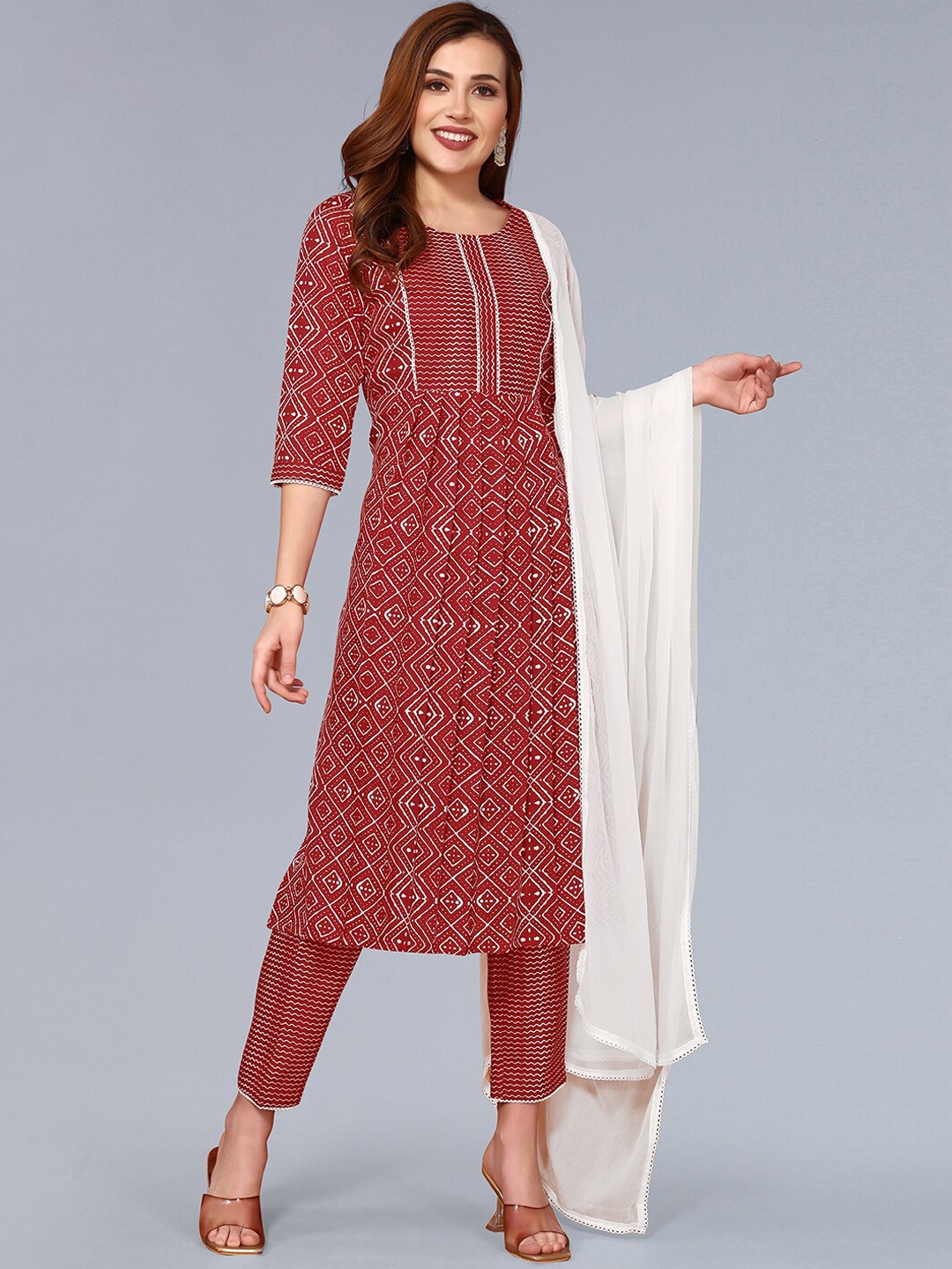 

KALINI Round Neck Ethnic Motifs Printed Empire Kurta & Trousers With Dupatta, Red