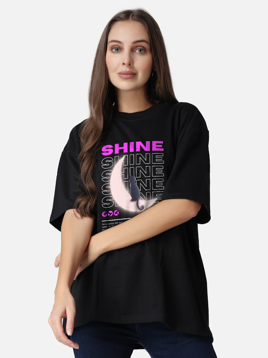 

The Label Bar Typography Printed Round Neck Drop Shoulder Loose Fit Cotton Casual T-Shirt, Black