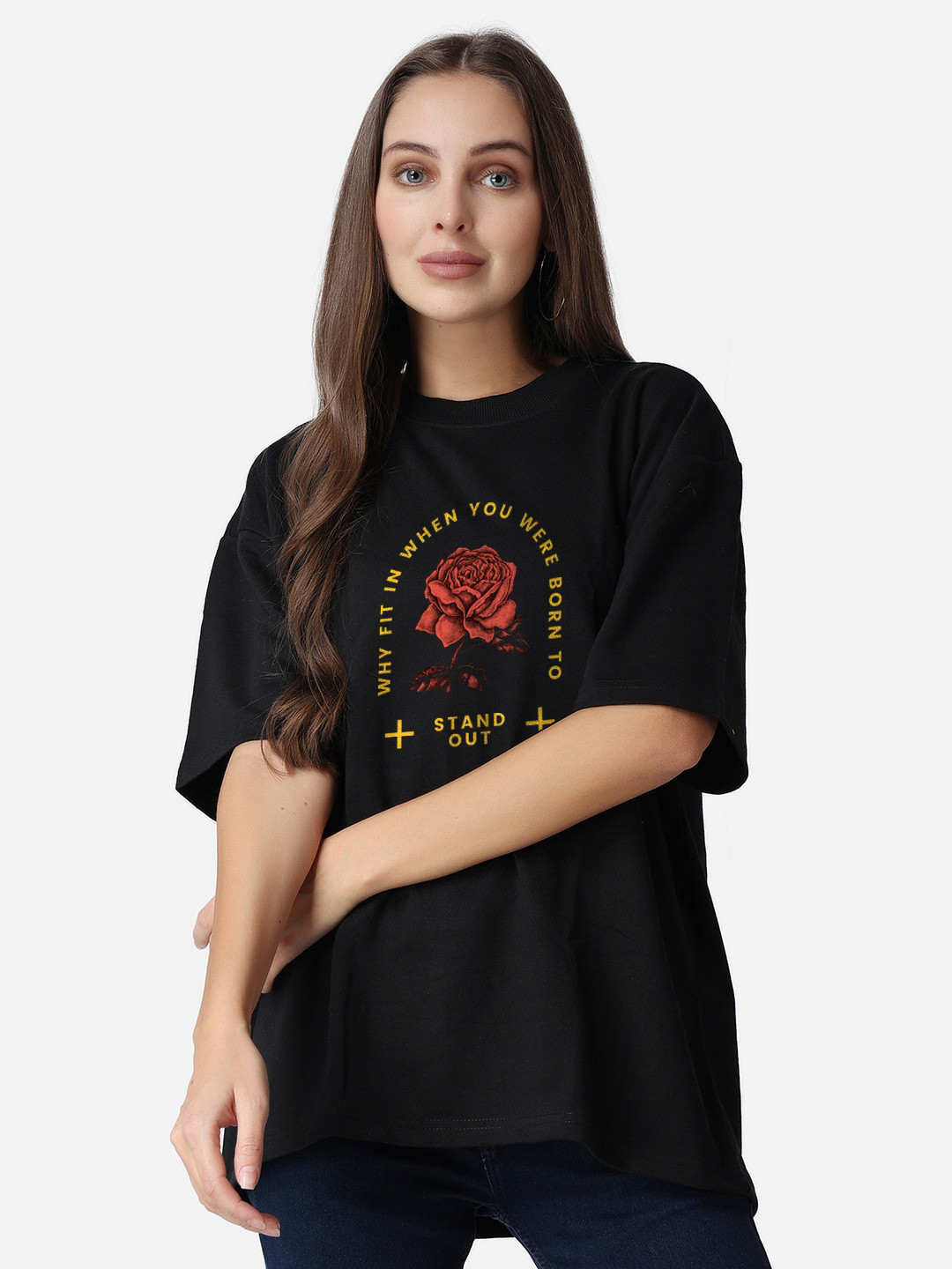 

The Label Bar Typography Printed Round Neck Drop Shoulder Loose Fit Cotton Casual T-Shirt, Black