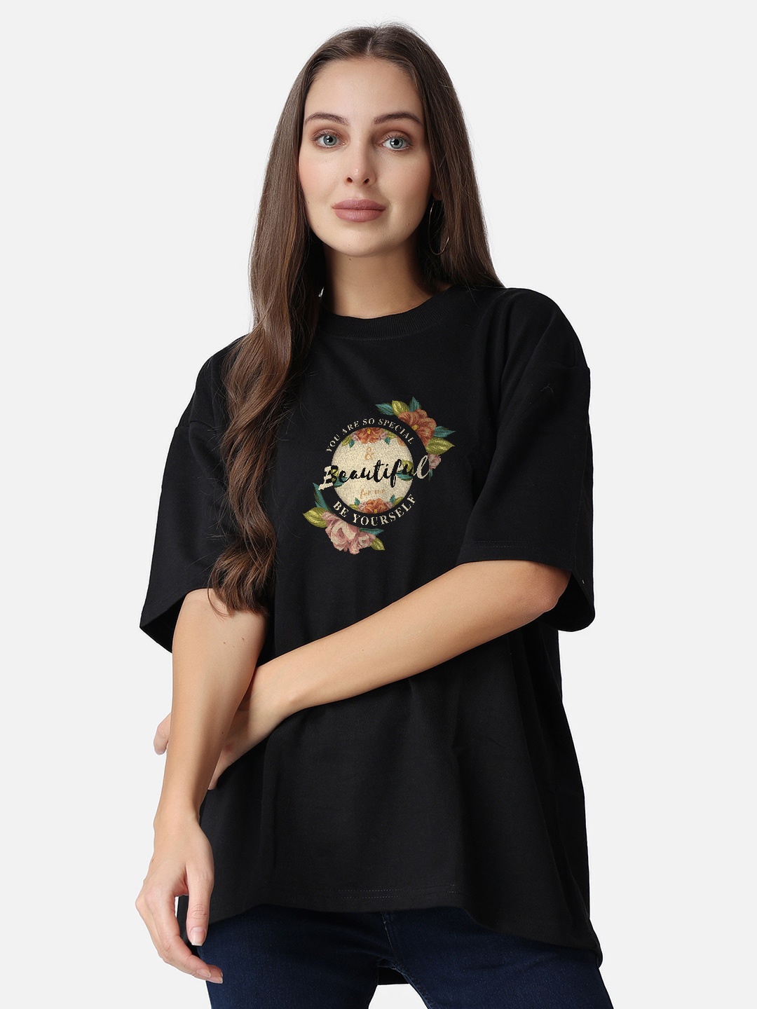

The Label Bar Typography Printed Round Neck Loose Fit Cotton Casual T-Shirt, Black